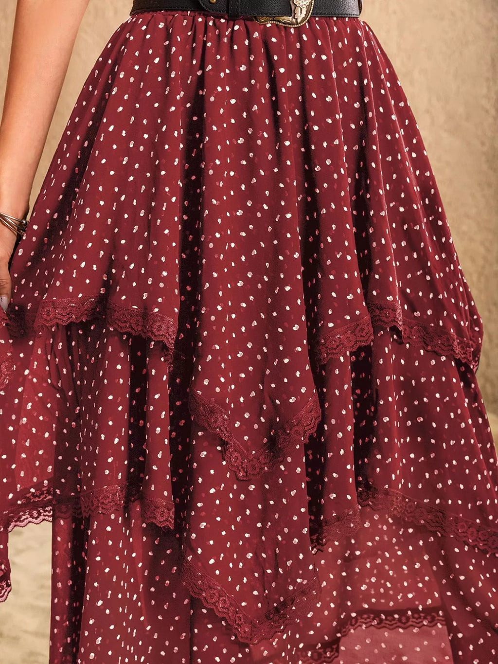 Elegant layered lace skirt showcasing intricate craftsmanship and sophisticated design for formal occasions