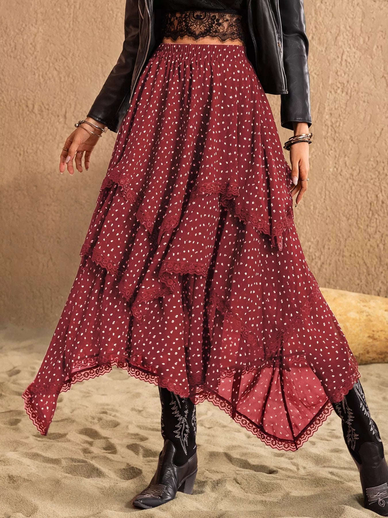 Elegant layered lace skirt showcasing intricate craftsmanship and sophisticated design for formal occasions