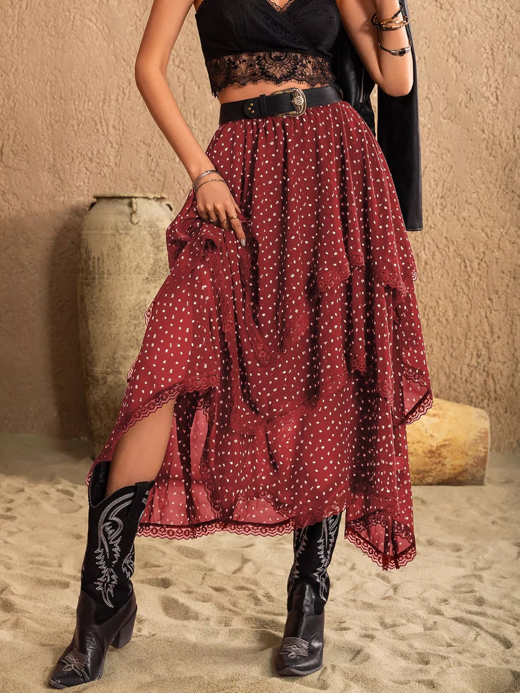 Elegant layered lace skirt showcasing intricate craftsmanship and sophisticated design for formal occasions