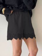 Elegant lace shorts showcasing intricate design and refined craftsmanship for sophisticated summer fashion.