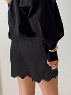 Elegant lace shorts showcasing intricate design and refined craftsmanship for sophisticated summer fashion.