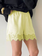 Elegant lace shorts showcasing intricate design and refined craftsmanship for sophisticated summer fashion.