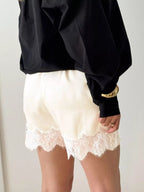 Elegant lace shorts showcasing intricate design and refined craftsmanship for sophisticated summer fashion.