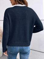 Lace Trim Notched Long Sleeve Sweater.