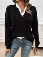 Lace Trim Notched Long Sleeve Sweater.