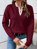 Lace Trim Notched Long Sleeve Sweater.