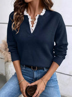 Lace Trim Notched Long Sleeve Sweater.