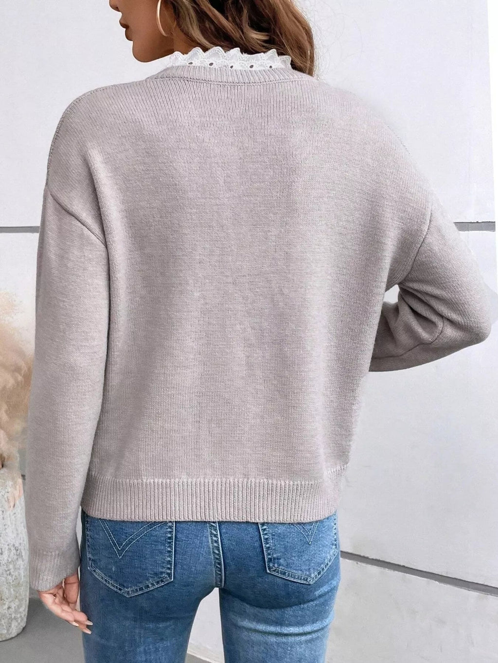 Lace Trim Notched Long Sleeve Sweater.