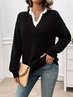 Lace Trim Notched Long Sleeve Sweater.