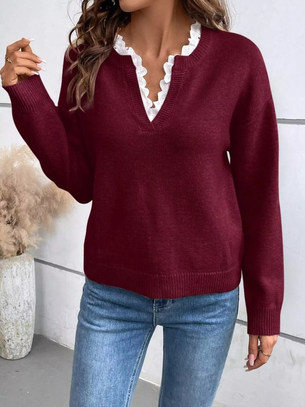 Lace Trim Notched Long Sleeve Sweater.