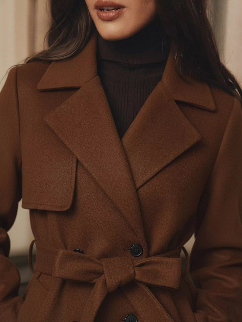 Lapel Collar Belted Wool Blend Coat.