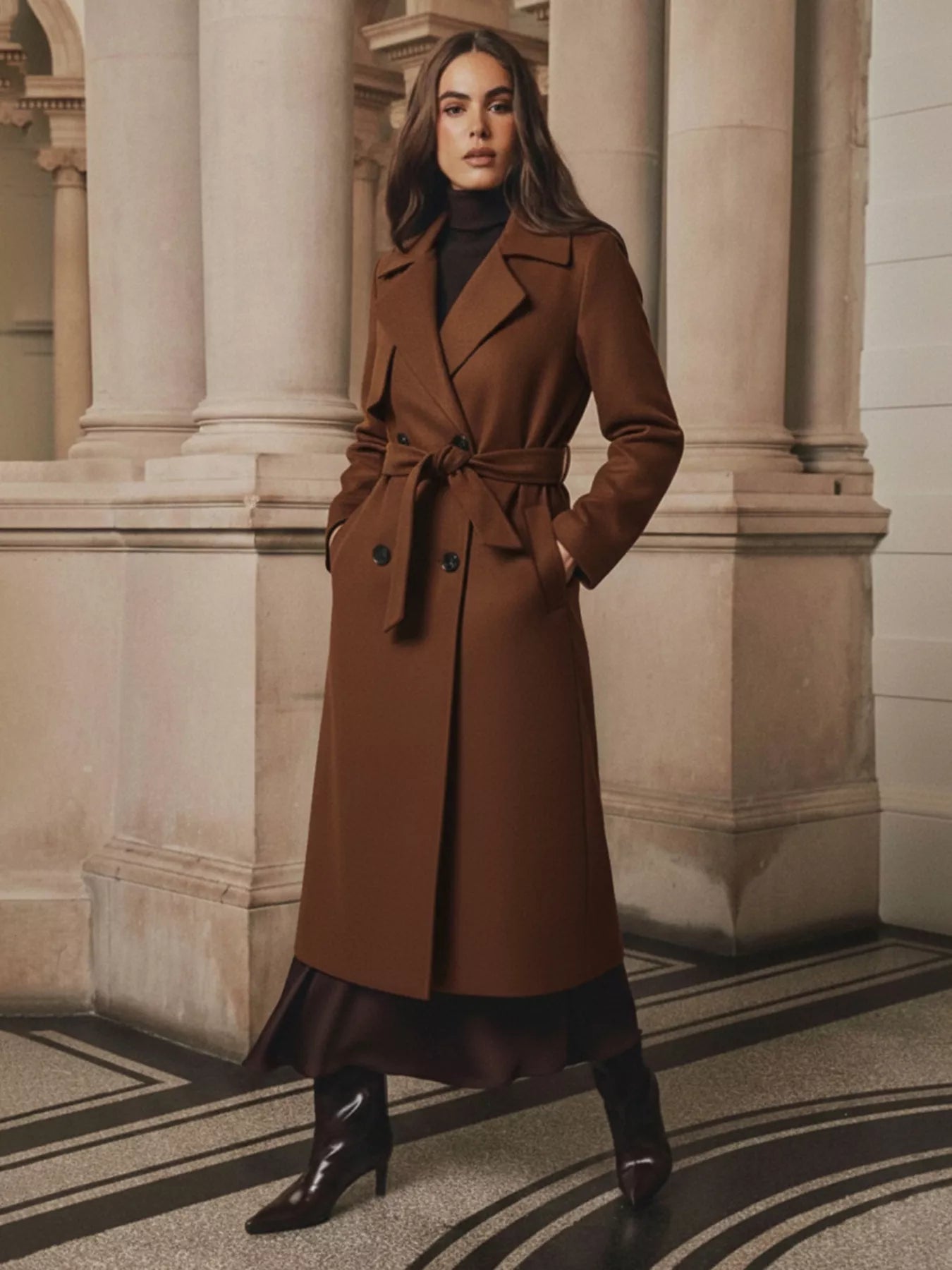 Lapel Collar Belted Wool Blend Coat.