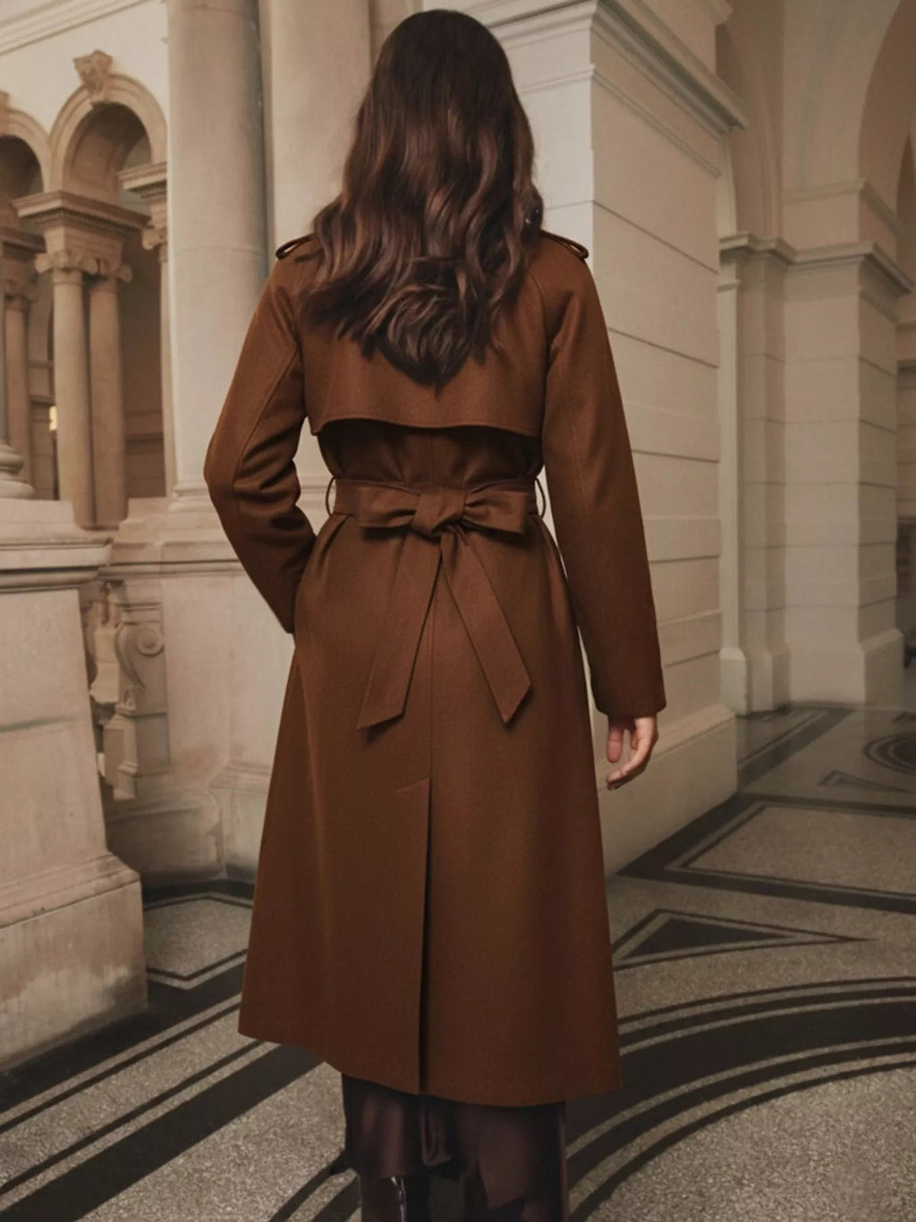 Lapel Collar Belted Wool Blend Coat.