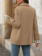 Lapel Collar Leopard Cuff Long Sleeve Blazer.
