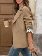 Lapel Collar Leopard Cuff Long Sleeve Blazer.