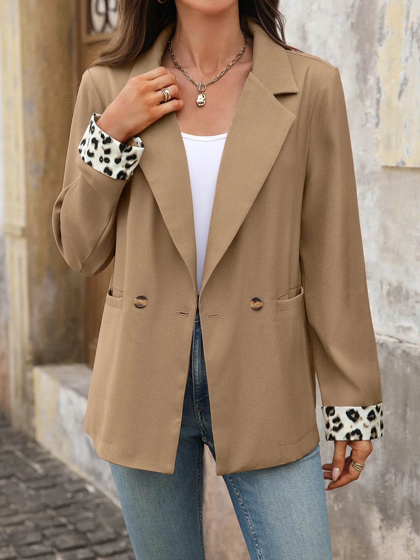 Lapel Collar Leopard Cuff Long Sleeve Blazer.