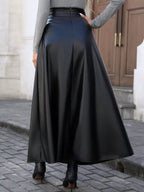 Elegant leather skirt showcasing premium craftsmanship, perfect for formal occasions and stylish wardrobes.