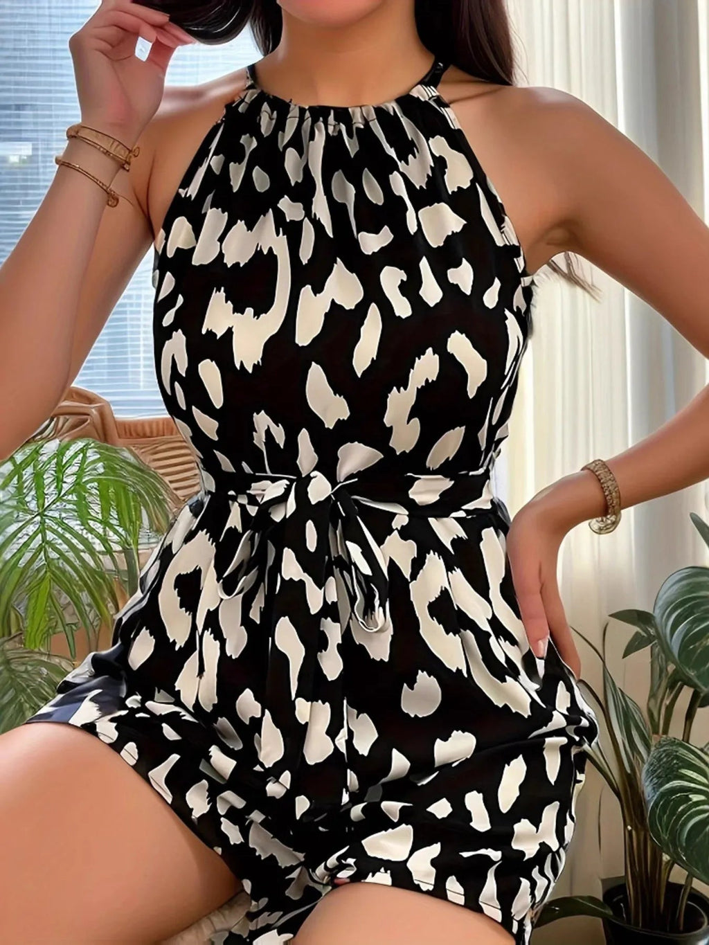Leopard Print Halter Neck Belted Summer Romper.