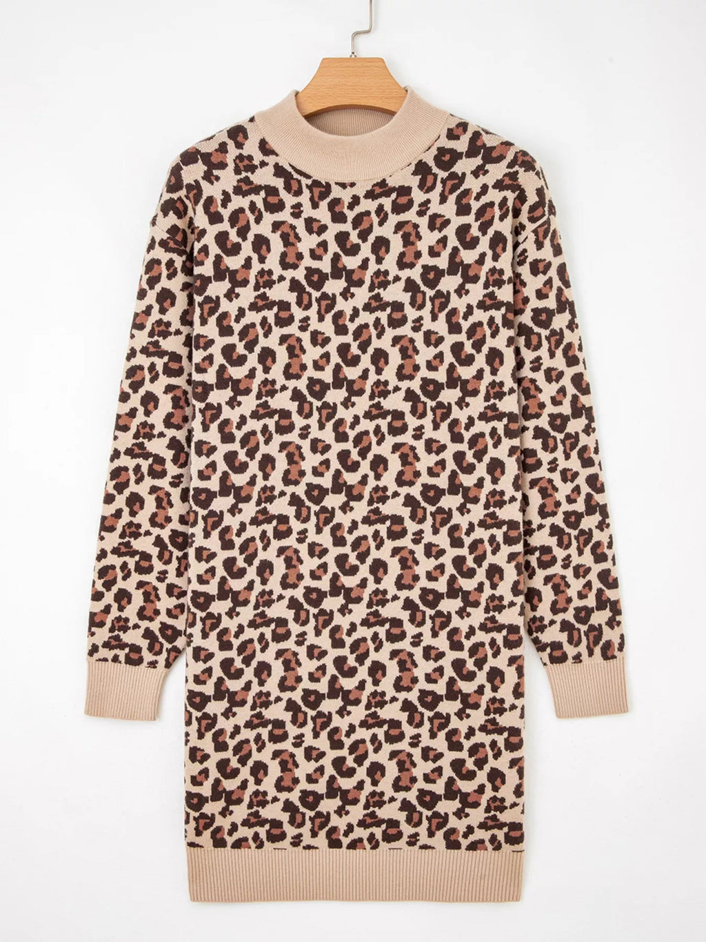 Leopard Print High Neck Shift Mini Sweater Dress.
