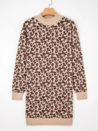 Leopard Print High Neck Shift Mini Sweater Dress.