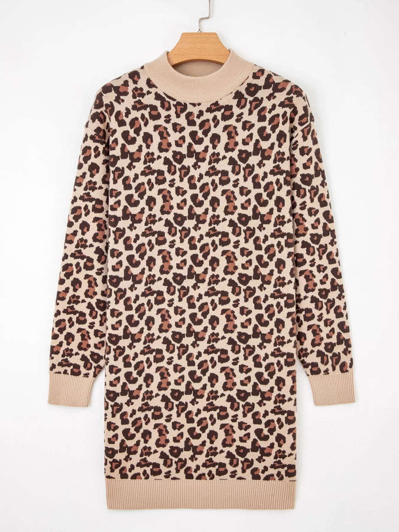 Leopard Print High Neck Shift Mini Sweater Dress.