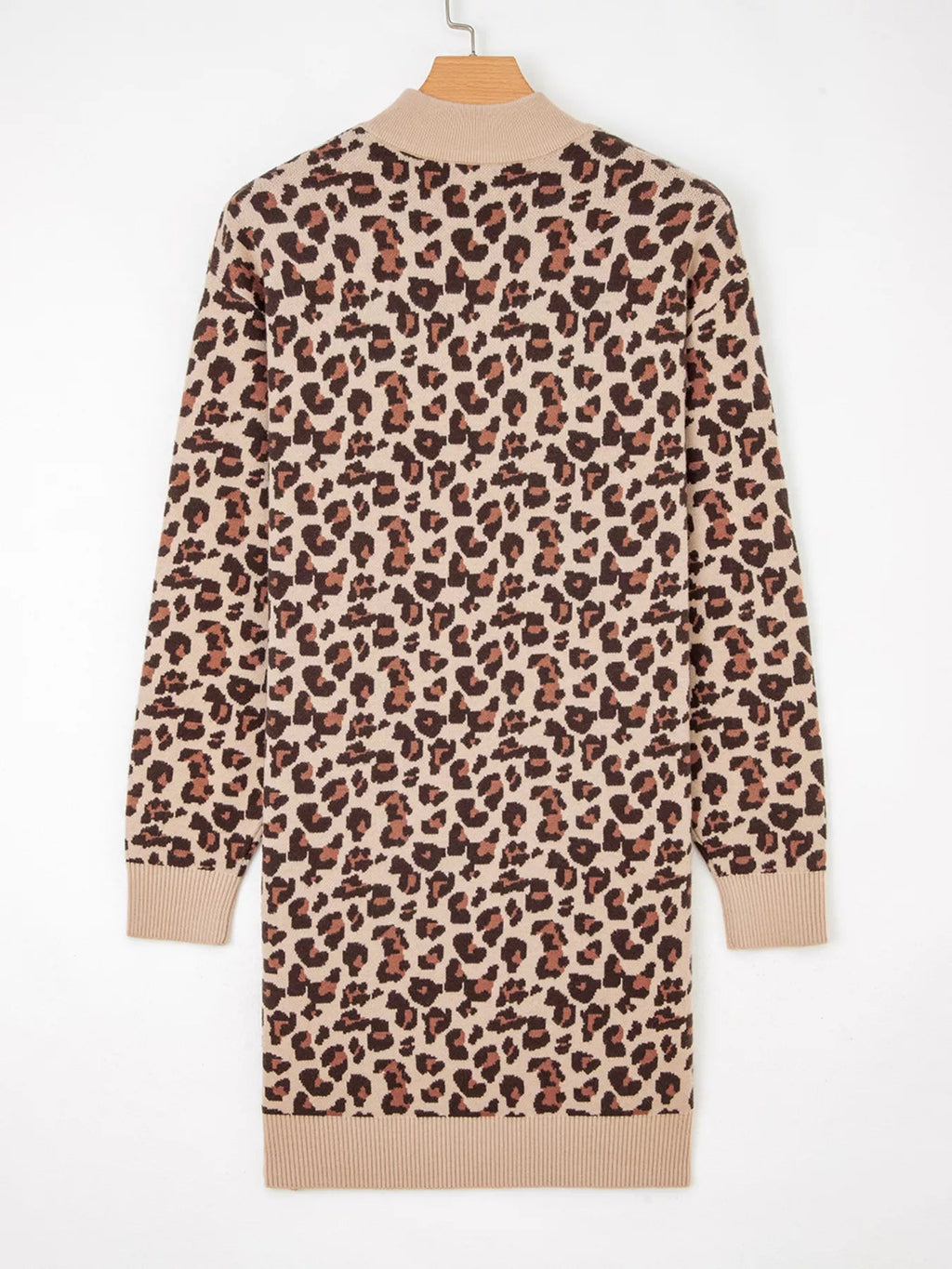 Leopard Print High Neck Shift Mini Sweater Dress.