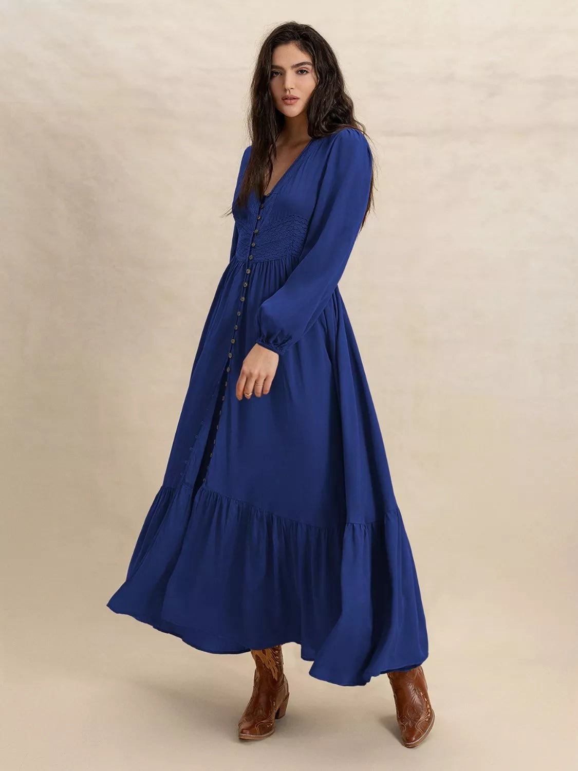 Long Sleeve Button-Front Maxi Dress.