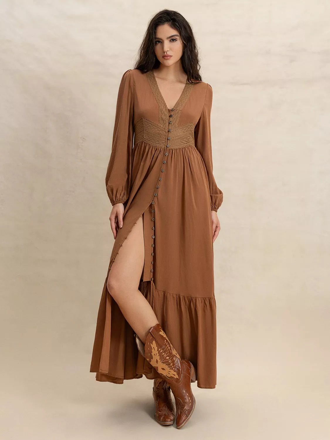 Long Sleeve Button-Front Maxi Dress.