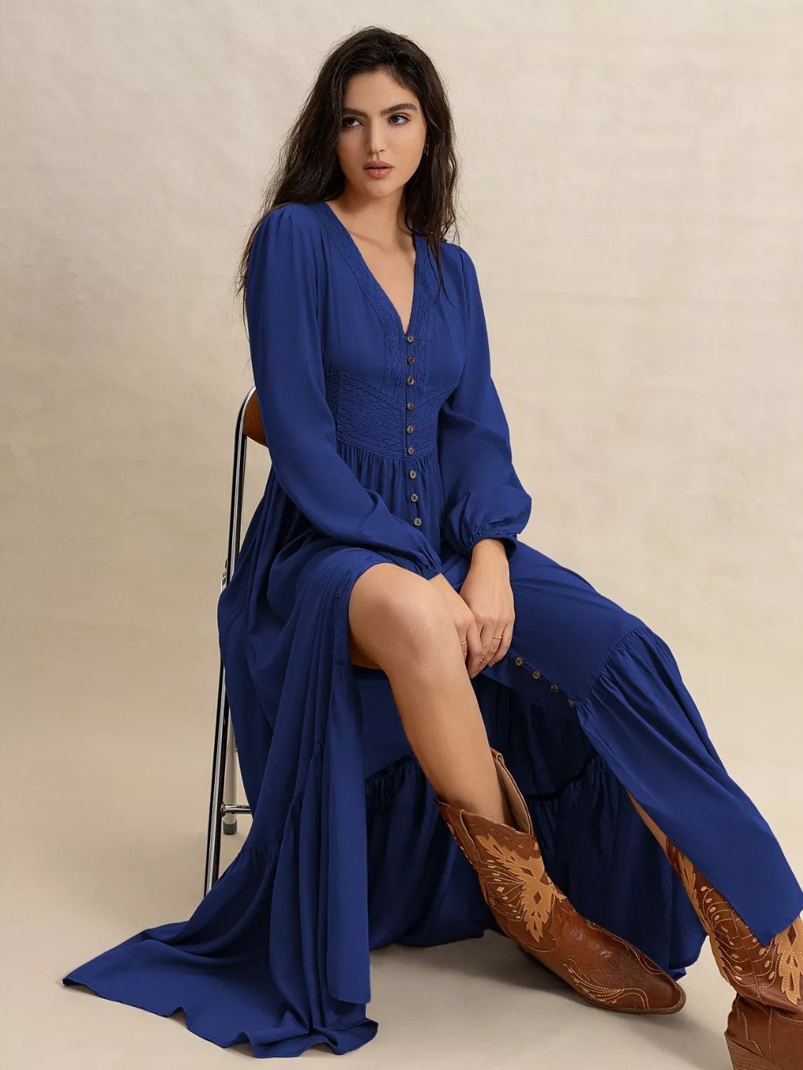 Long Sleeve Button-Front Maxi Dress.