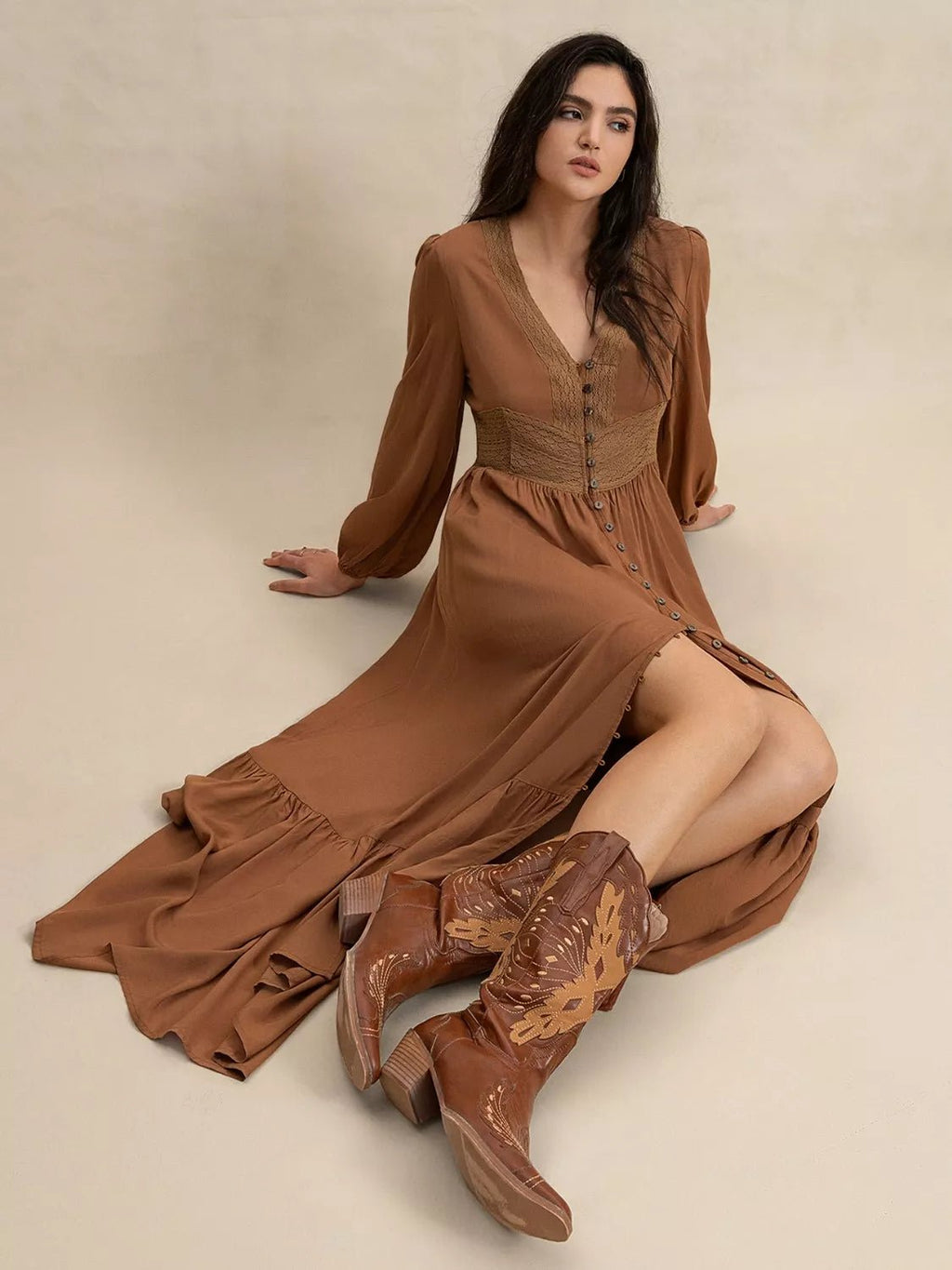 Long Sleeve Button-Front Maxi Dress.