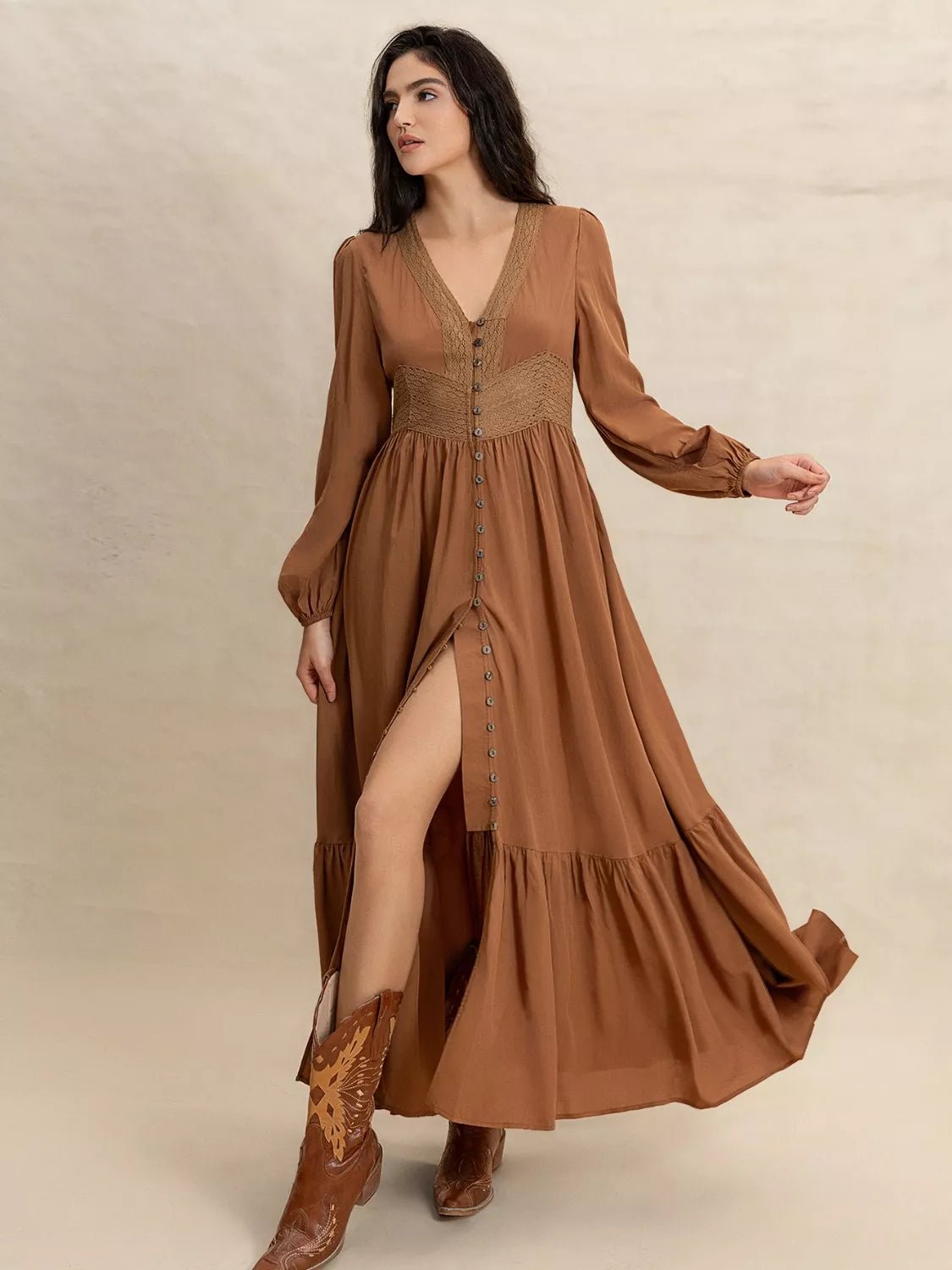 Long Sleeve Button-Front Maxi Dress.