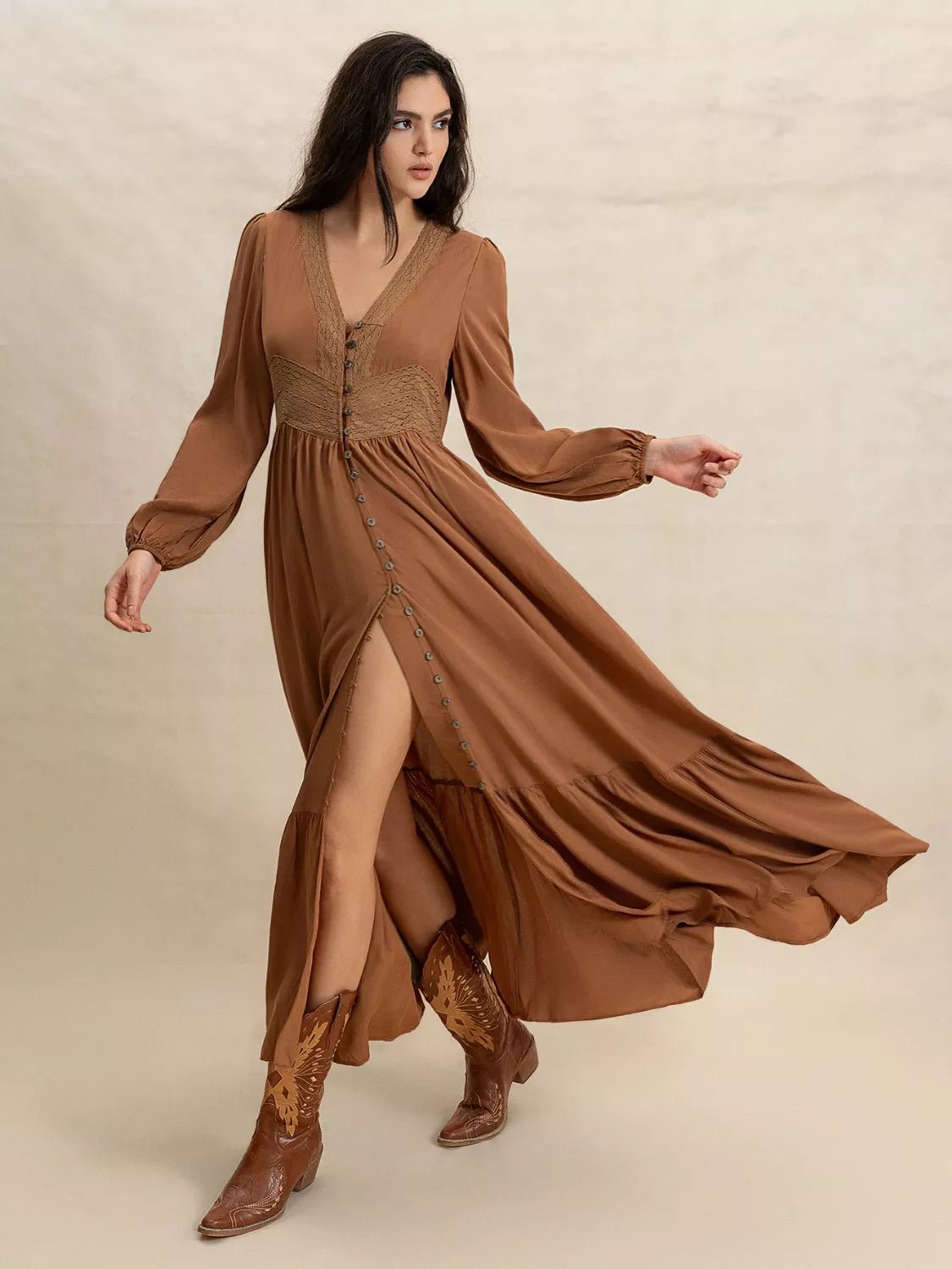 Long Sleeve Button-Front Maxi Dress.