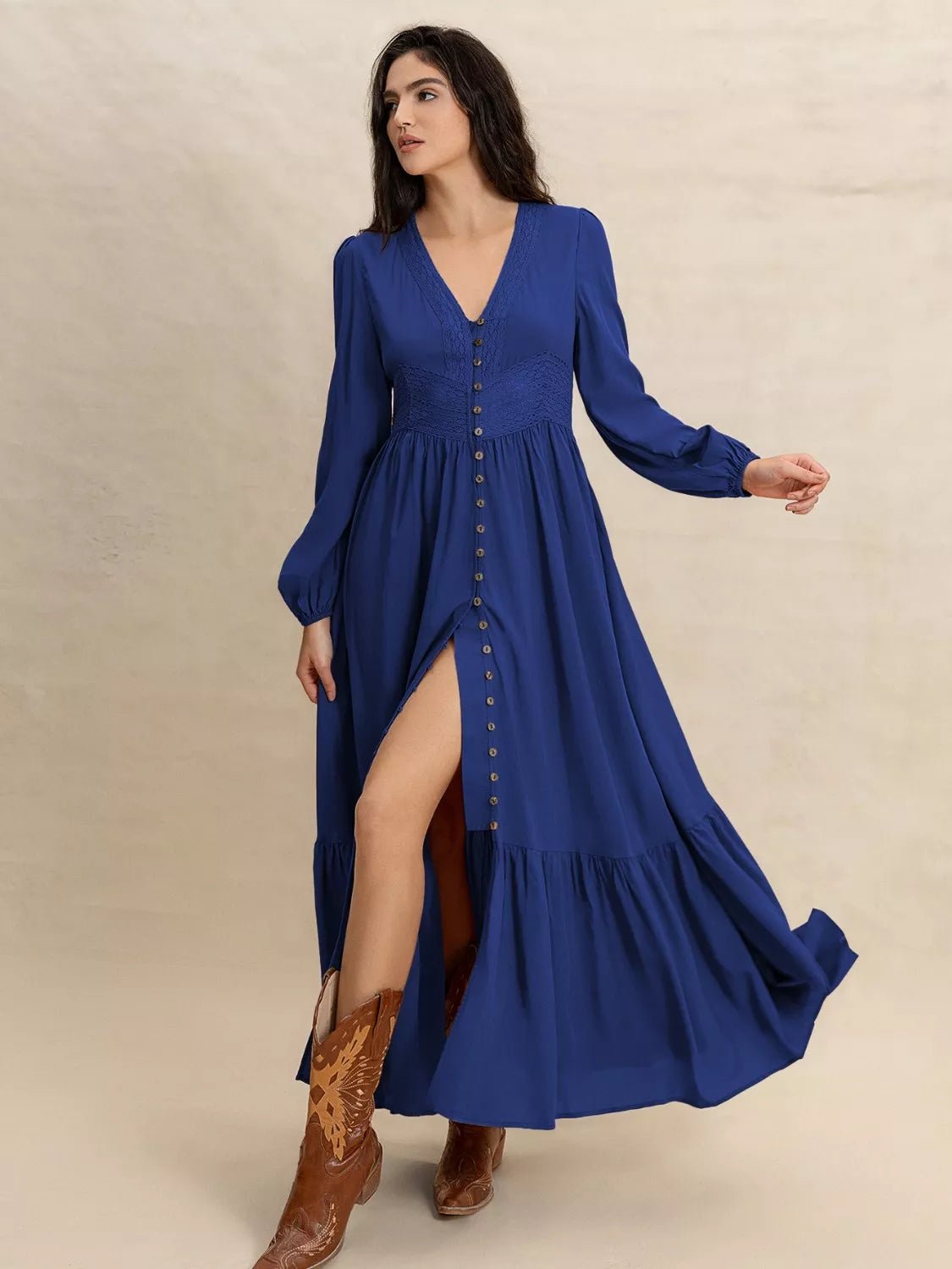 Long Sleeve Button-Front Maxi Dress.