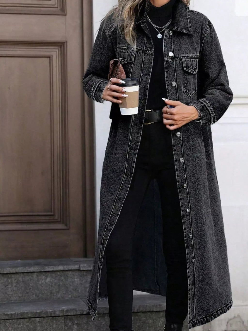 Longline Button-Front Denim Jacket.