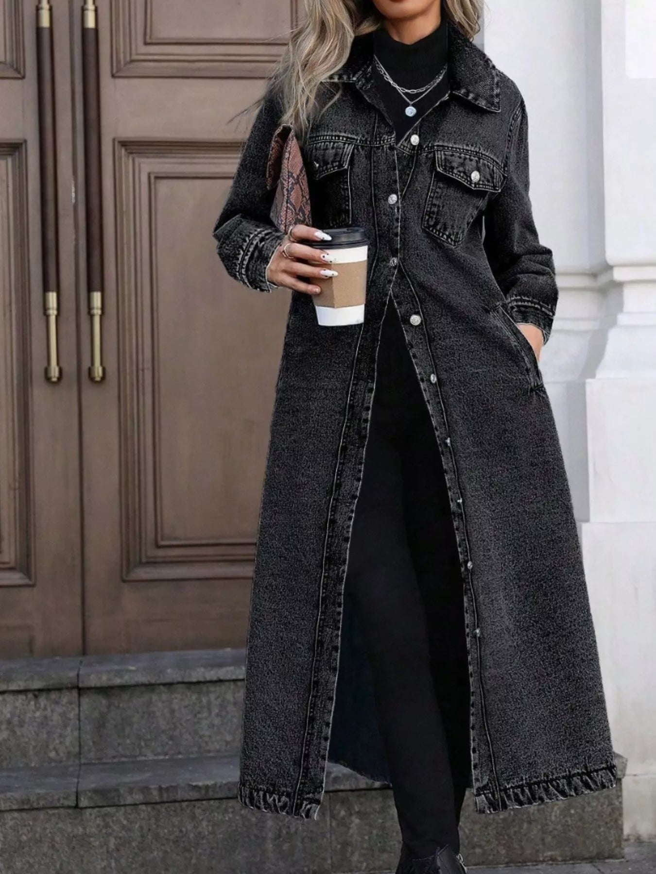 Longline Button-Front Denim Jacket.