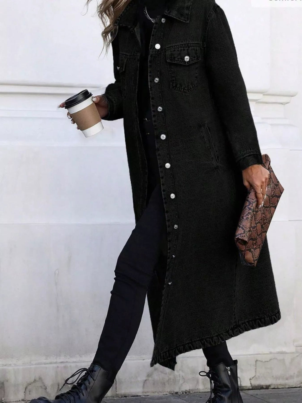 Longline Button-Front Denim Jacket.