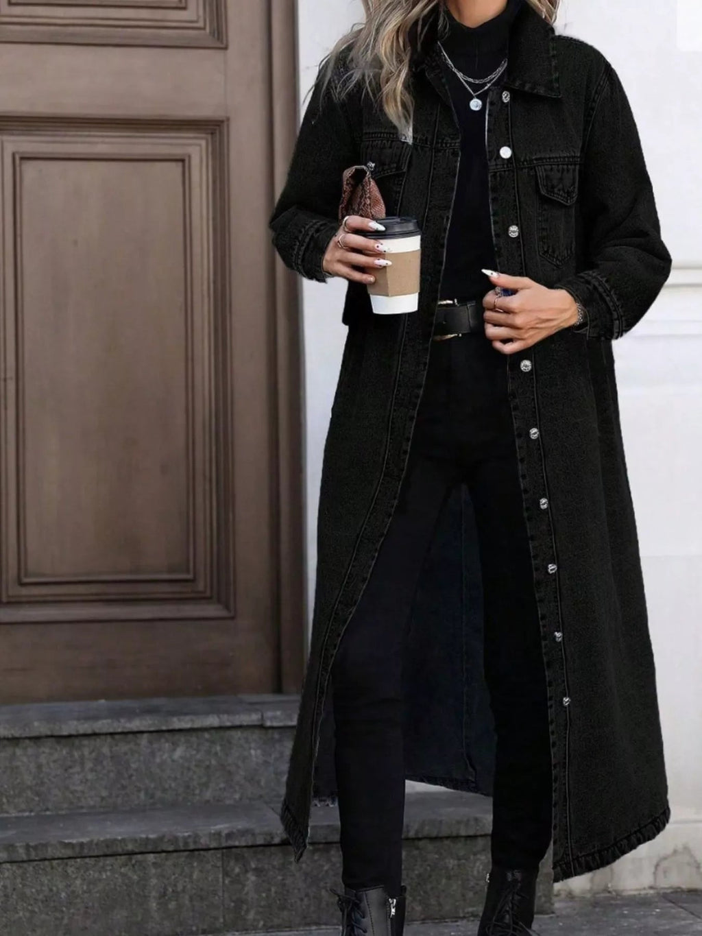 Longline Button-Front Denim Jacket.