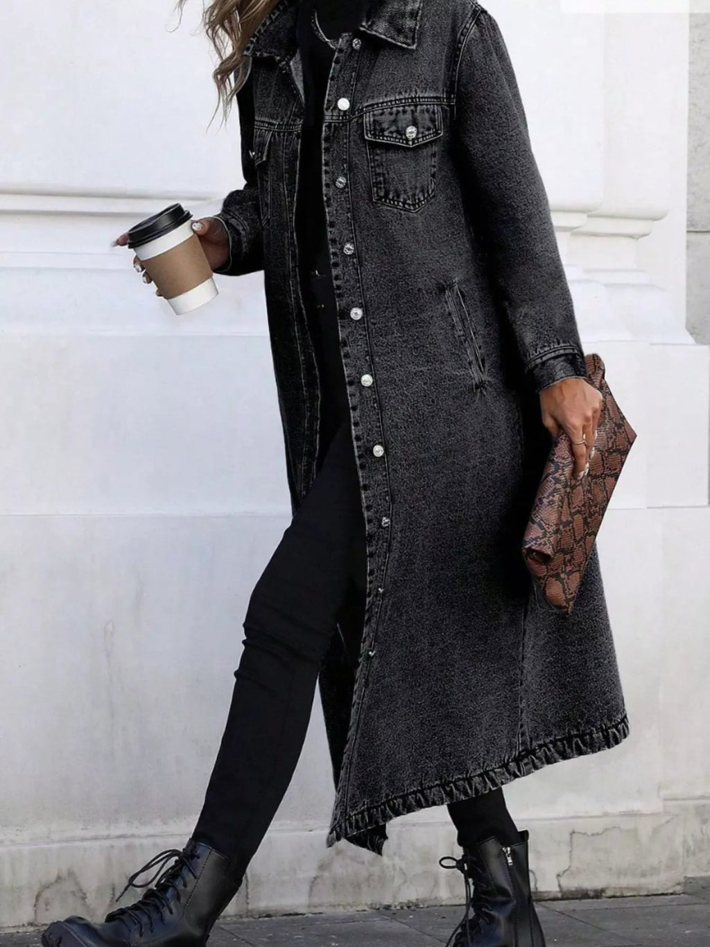 Longline Button-Front Denim Jacket.