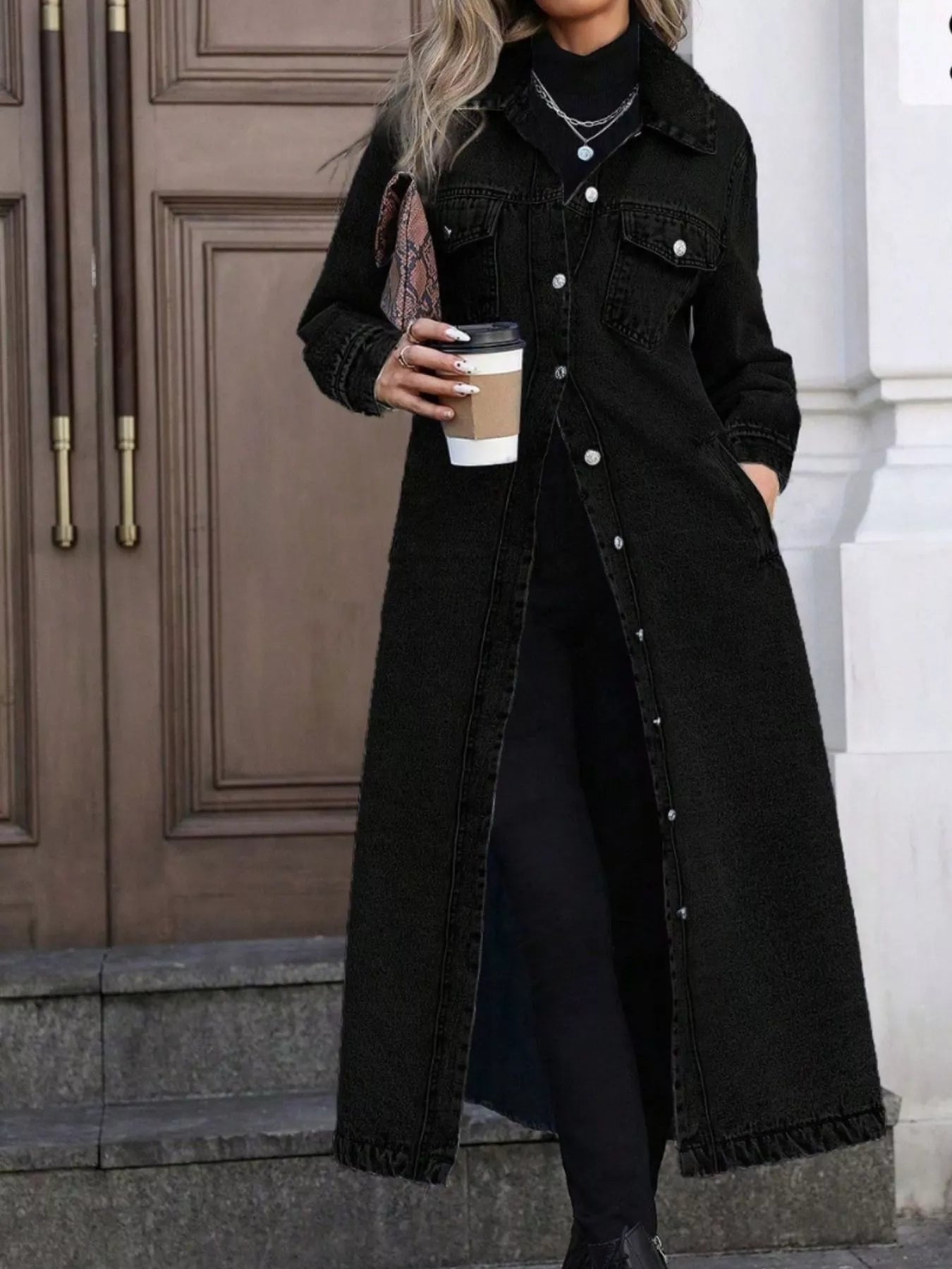 Longline Button-Front Denim Jacket.