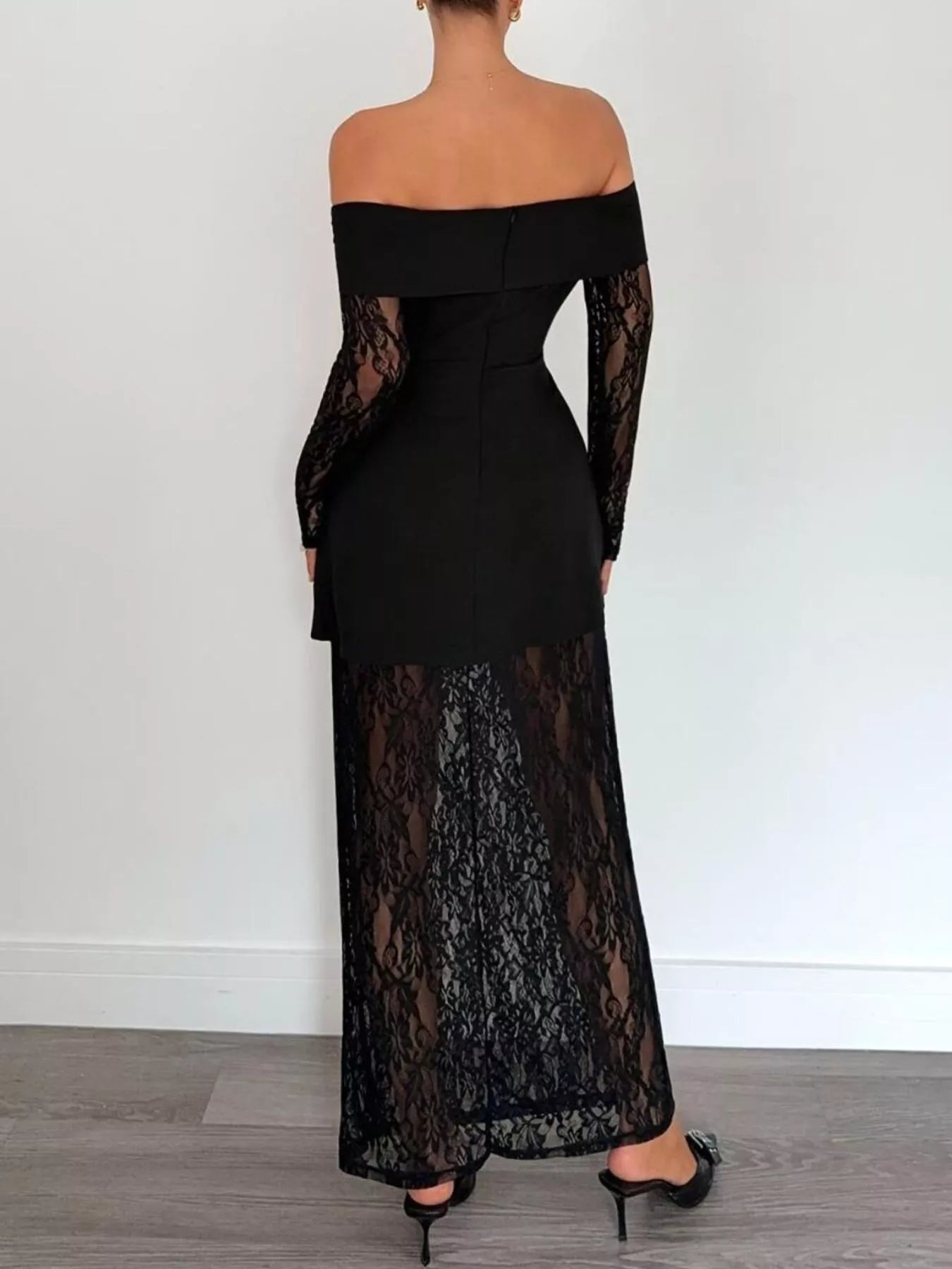 Off-Shoulder Lace Long Sleeve Maxi Dress.
