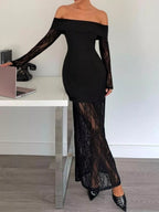 Off-Shoulder Lace Long Sleeve Maxi Dress.