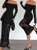 Off-Shoulder Lace Long Sleeve Maxi Dress.