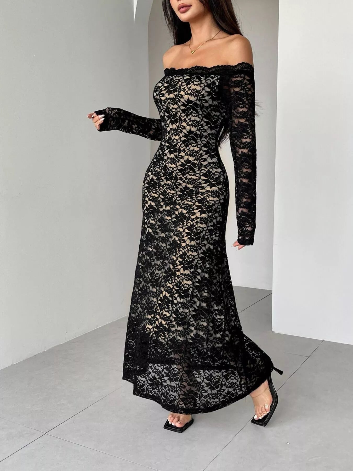 Off-Shoulder Lace Maxi Dress.