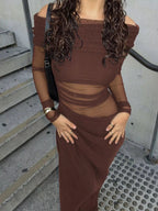 Off-Shoulder Long Sleeve Ruched Bodycon Maxi Dress.