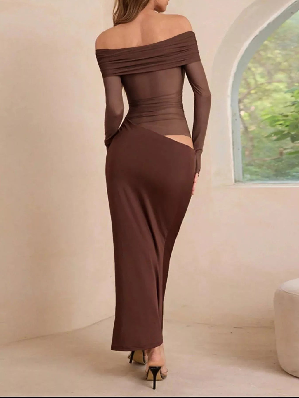 Off-Shoulder Long Sleeve Ruched Bodycon Maxi Dress.