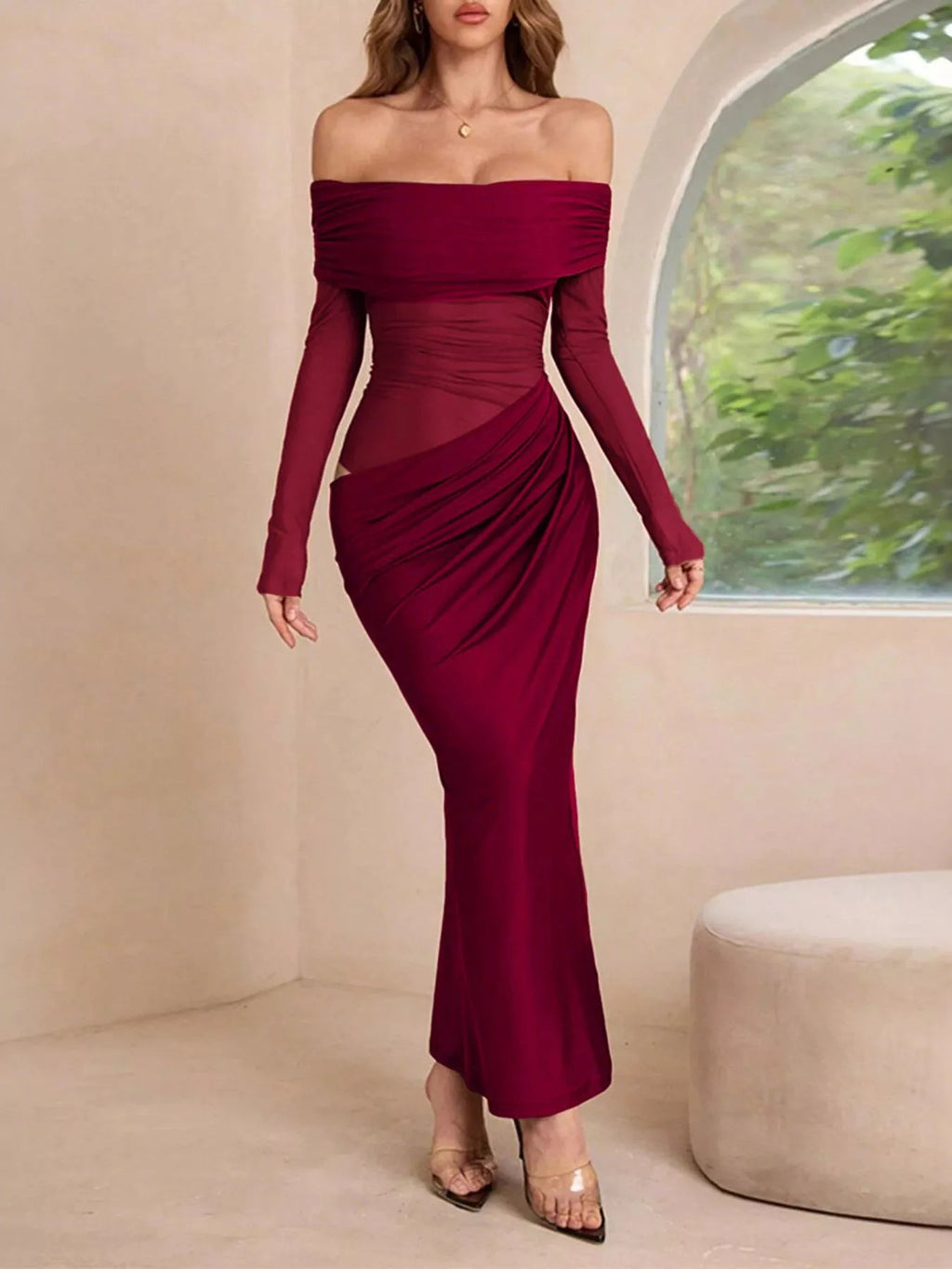 Off-Shoulder Long Sleeve Ruched Bodycon Maxi Dress.