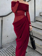 Off-Shoulder Long Sleeve Ruched Bodycon Maxi Dress.