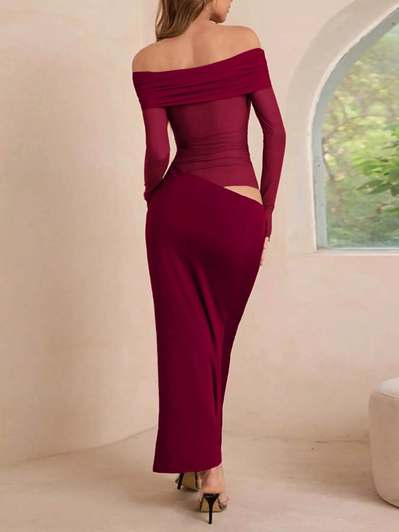 Off-Shoulder Long Sleeve Ruched Bodycon Maxi Dress.