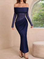 Off-Shoulder Long Sleeve Ruched Bodycon Maxi Dress.