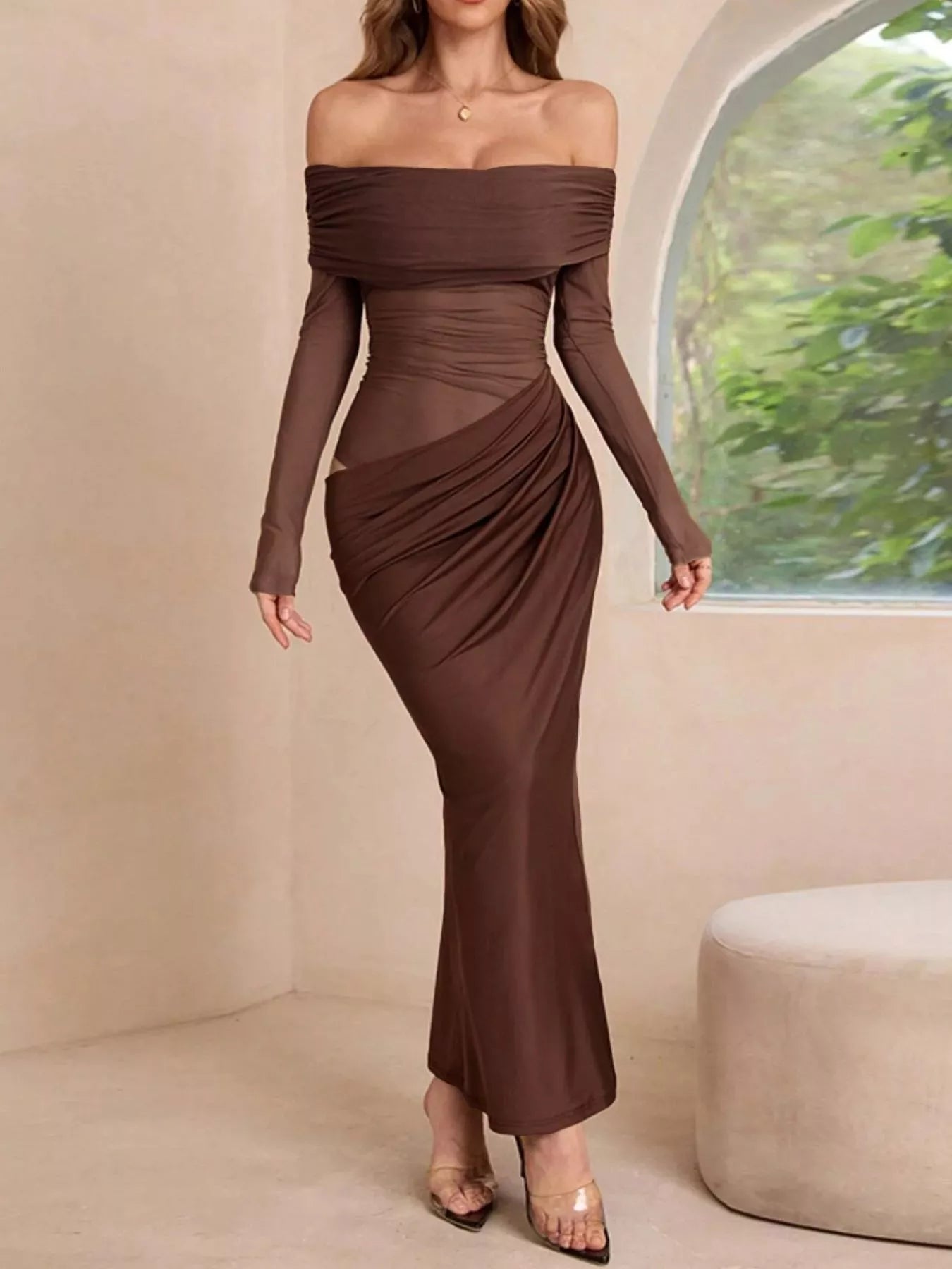 Off-Shoulder Long Sleeve Ruched Bodycon Maxi Dress.